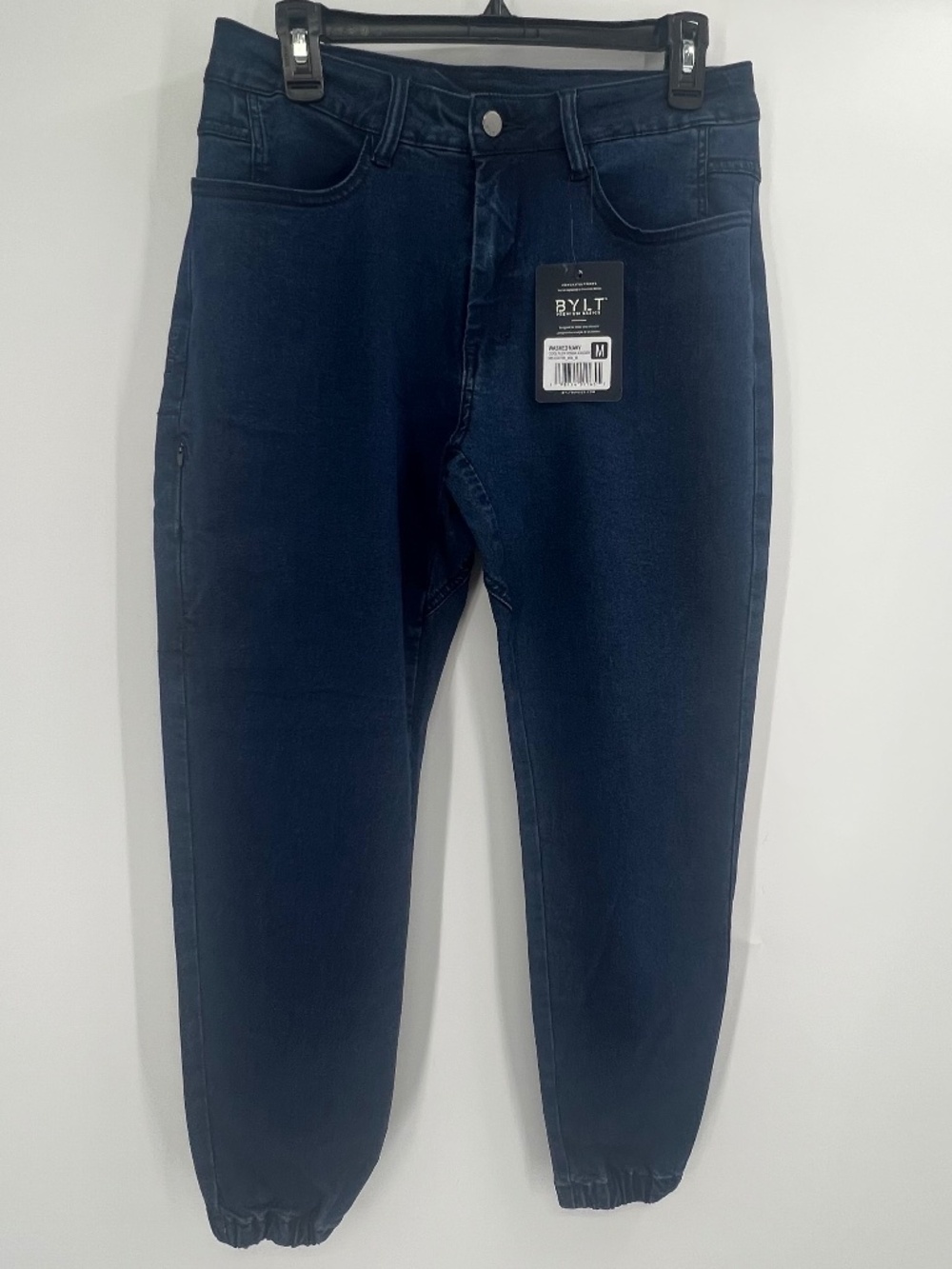 BYLT NWT Coolflex Denim Jogger Washed Navy Premium Basics Zip Pocket M Capsule